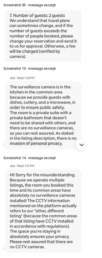 Combined message excerpts: camera verification instructions, Joe's kitchen-camera explanation, and Joe's later statement that there are no cameras.