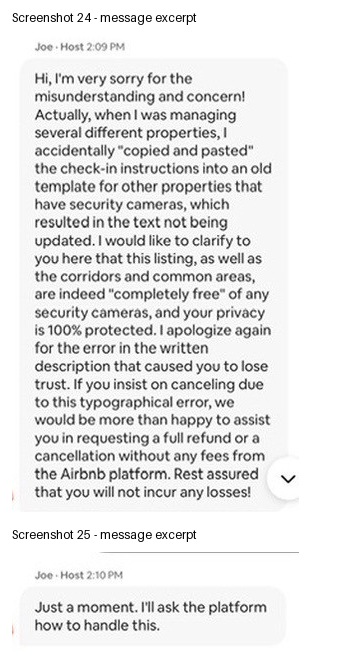 Joe apologizes for a copied-template error, offers to assist with requesting a full refund, and says he will ask Airbnb how to handle it.