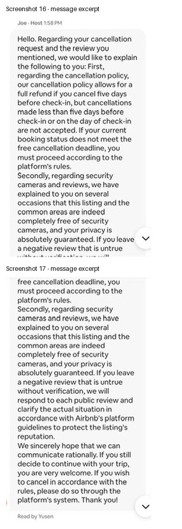 Combined excerpts from Joe's initial cancellation refusal and his response about negative reviews.